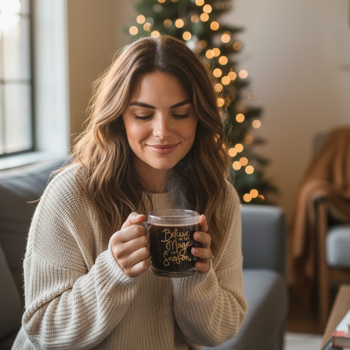 Woman sitting on a couch holding a mug in a cozy living room with a Christmas tree in the background.