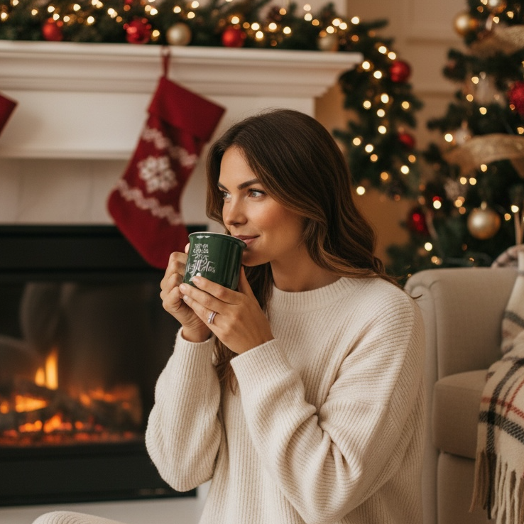 Woman in a cozy living room with a fireplace and Christmas decorations, holding a mug.