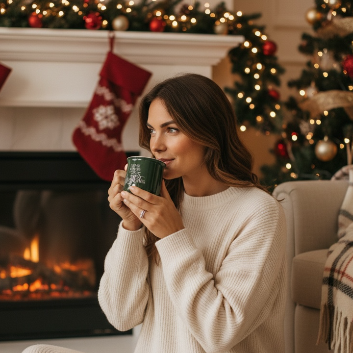 Woman in a cozy living room with a fireplace and Christmas decorations, holding a mug.