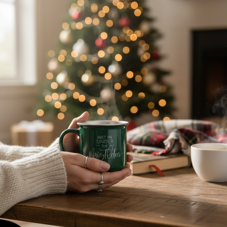 Person holding a mug with a Christmas tree and fireplace in the background