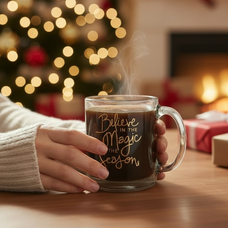 Person holding a mug with 'Believe in the Magic of the Season' text in front of a Christmas tree and fireplace.