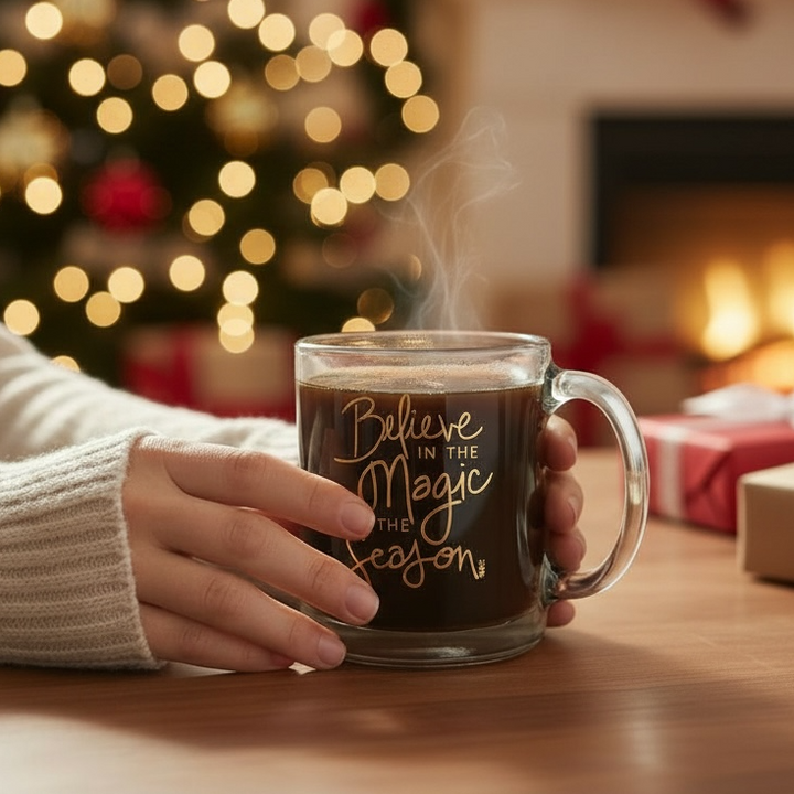 Person holding a mug with 'Believe in the Magic of the Season' text in front of a Christmas tree and fireplace.