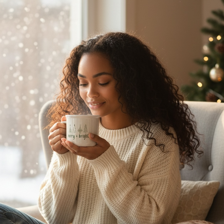 Woman sitting on a couch holding a mug, with a Christmas tree in the background
