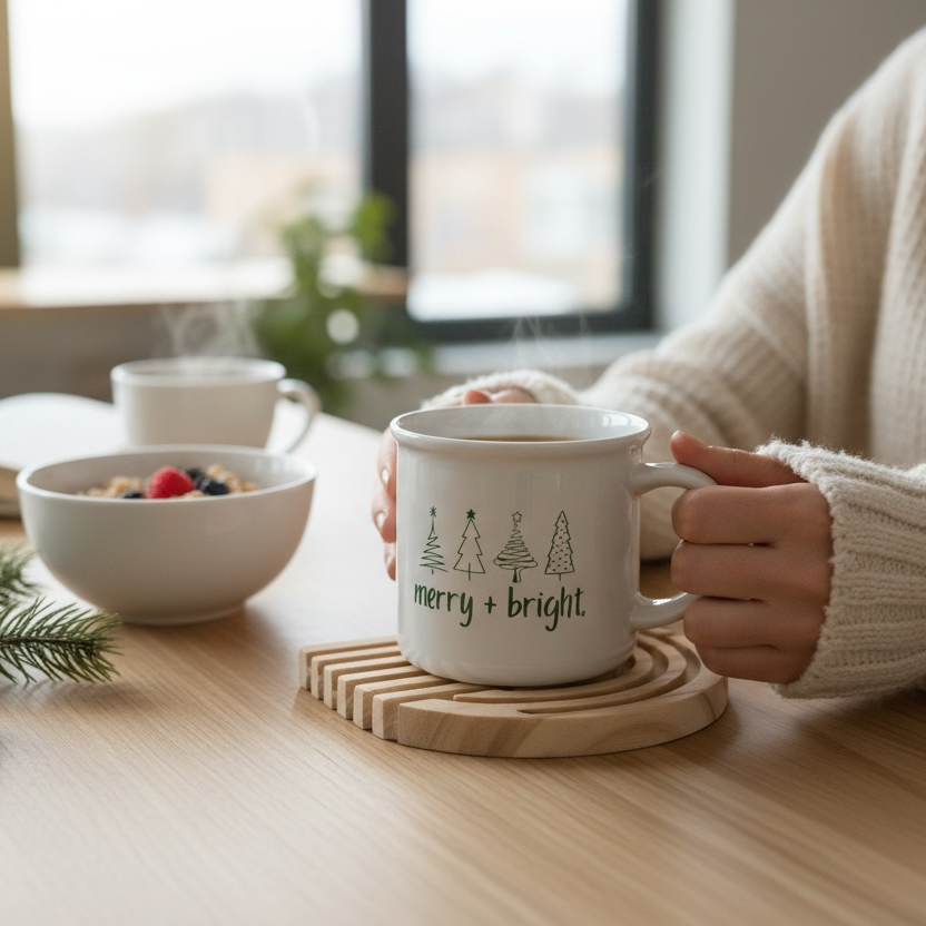 Person holding a mug with 'merry + bright' text on a table with a bowl of fruit and a book.
