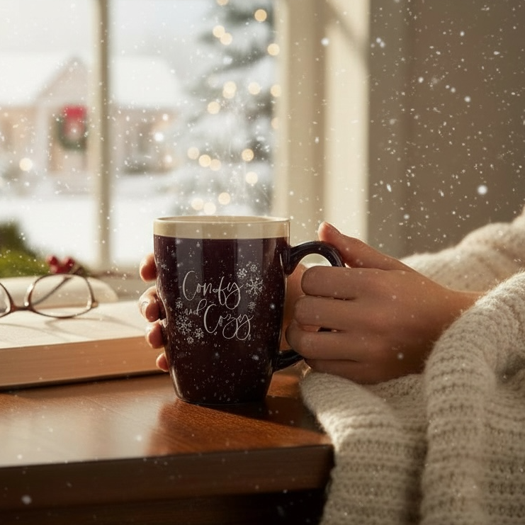 Person holding a mug with a Christmas-themed design, sitting by a window with festive decorations.