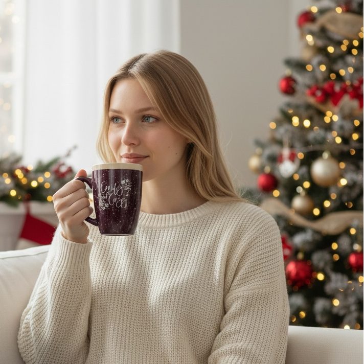 Woman sitting on a couch holding a mug with a Christmas tree and decorations in the background